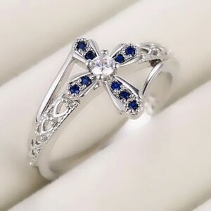 NWT Dainty 925 Silver Cross Ring Blue Cubic Zirconia Multiple Sizes Available